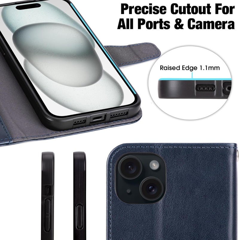 Arae Compatible with iPhone 15 Plus Case with Card Holder and Wrist Strap Wallet Flip Cover for iPhone 15 Plus 6.7 inch,Blue - Image 5
